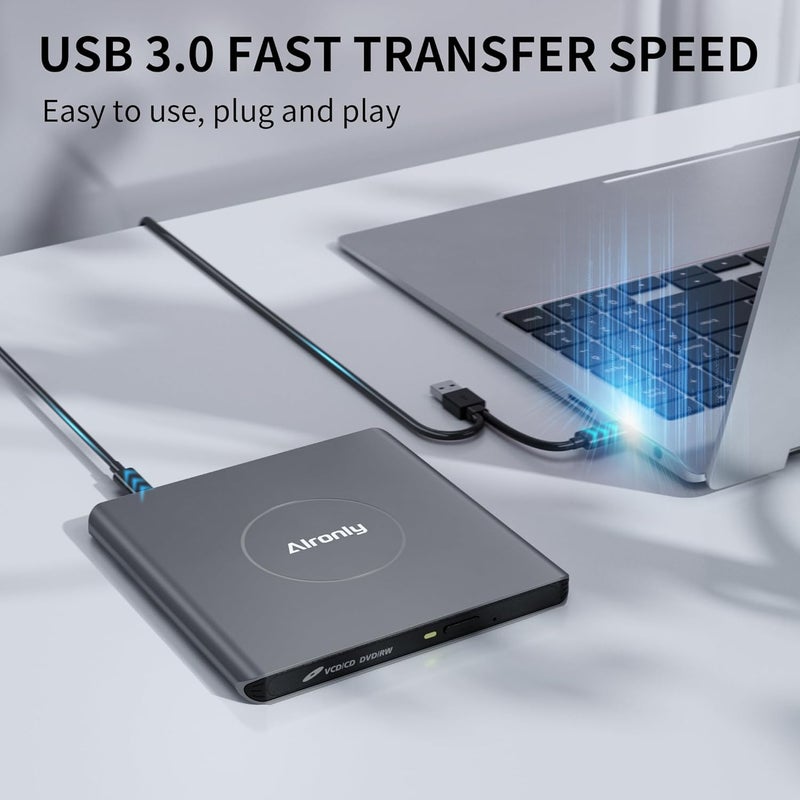 Alronly External CD/DVD Drive for Laptop/PC, USB 3.0 Type-C USB Portable Alloy Player for Computer CD DVD +/-RW Disk Drive CD Burner Writer Reader Compatible with Desktop Windows Apple Linux (F03) - Image 4